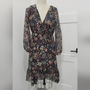 Elena Baldi Italian Silk Blend V-Neck Long Sleeves High-low Hem Floral Dress XS